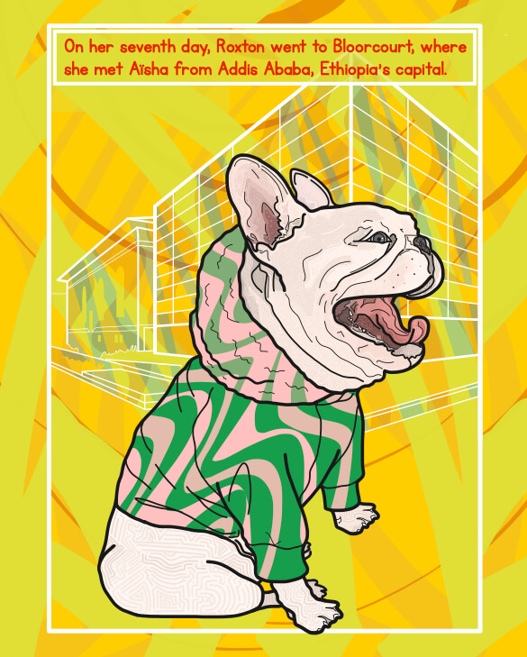 Page from Roxton's Trip to Toronto featuring an illustration of a French Bulldog standing in front of a building