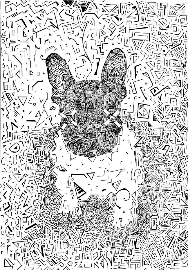 drawing of a french bulldog with decorative background